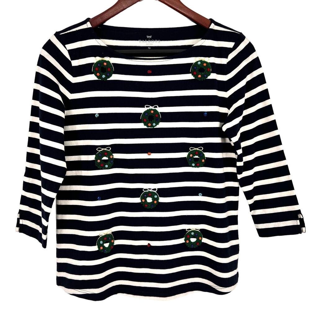 Talbots SP Small Petite 3/4 Sleeve Festive Christmas Wreath Holiday Shirt Top
